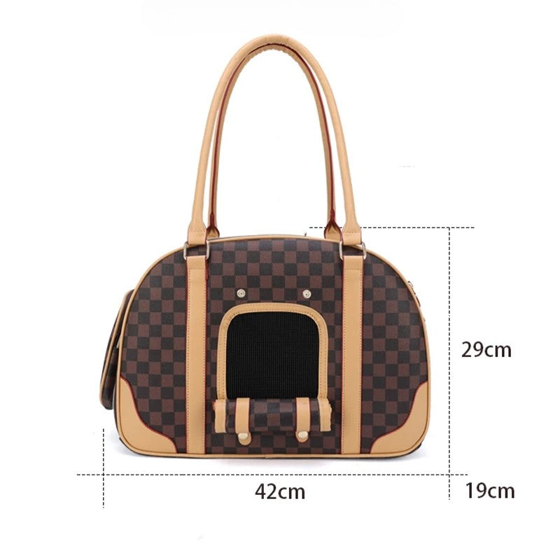 Tas Carrier Anjing & Kucing Elegan – Pet Travel Bag Motif Kotak Premium