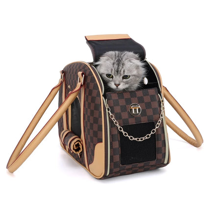 Tas Carrier Anjing & Kucing Elegan – Pet Travel Bag Motif Kotak Premium
