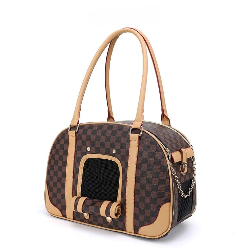 Tas Carrier Anjing & Kucing Elegan – Pet Travel Bag Motif Kotak Premium